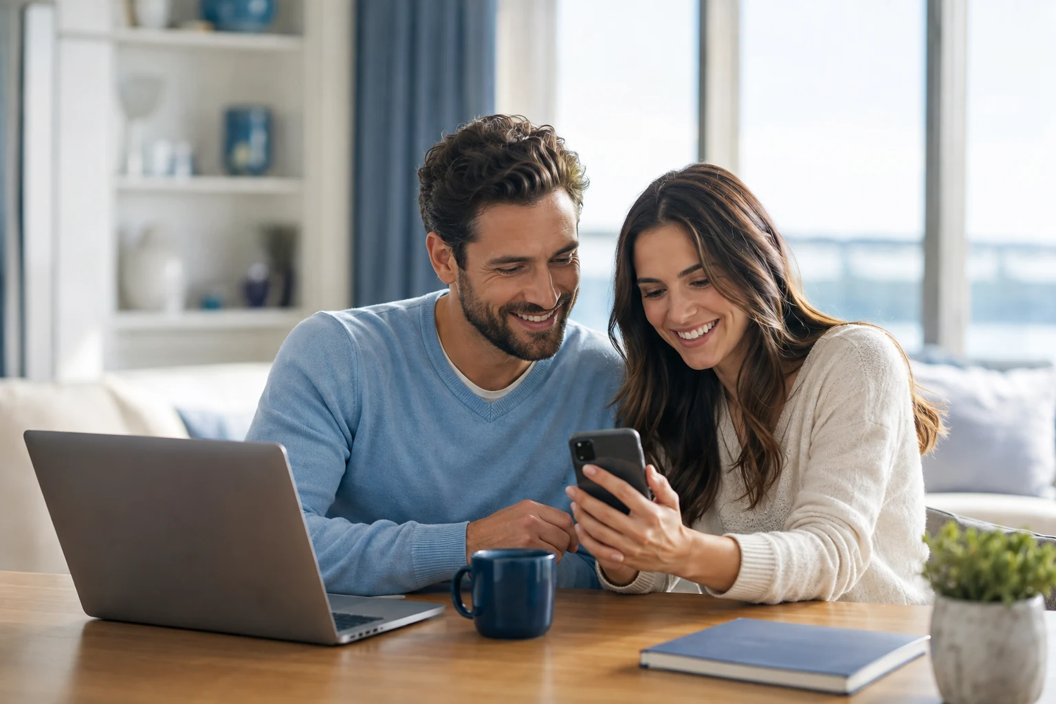 A couple sharing a happy moment while using a smartphone and laptop at home.