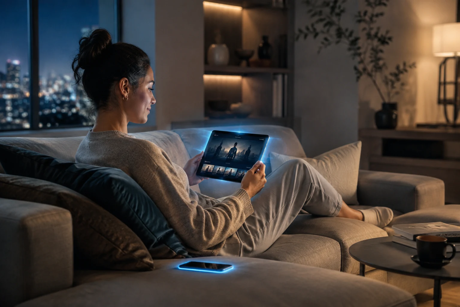 Relaxing at home while streaming on a tablet.